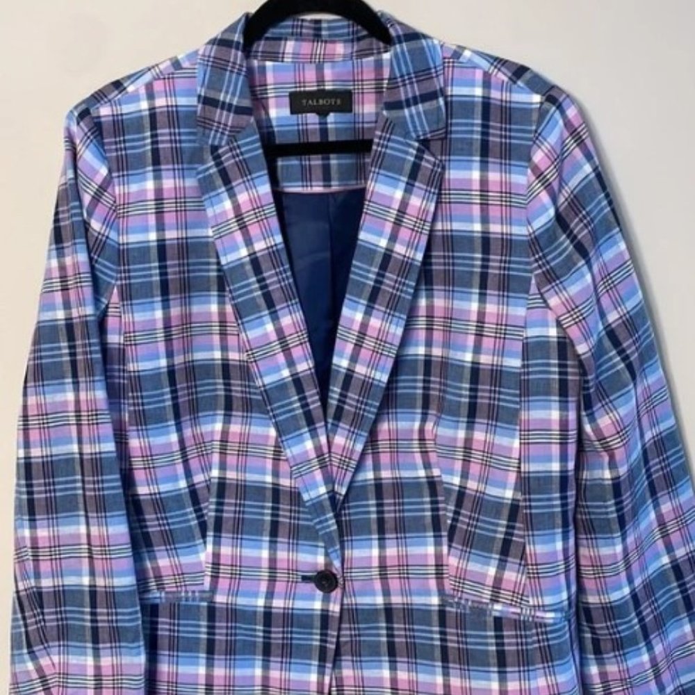 TALBOTS linen madras Plaid Purple Pink & Navy Blazer Jacket *NEW* SZ 12